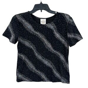 TR Bentley Glitter Wave Top Womens S Black Sparkle Short Sleeve Retro Y2K‎ Party